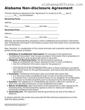 Legal Non-disclosure Agreement Document for the State of Alabama