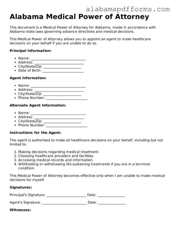 Legal Medical Power of Attorney Document for the State of Alabama