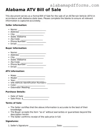 Legal ATV Bill of Sale Document for the State of Alabama
