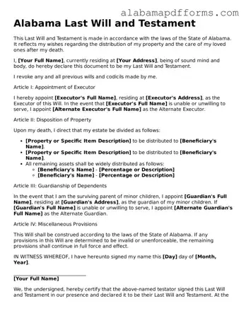 Legal Last Will and Testament Document for the State of Alabama