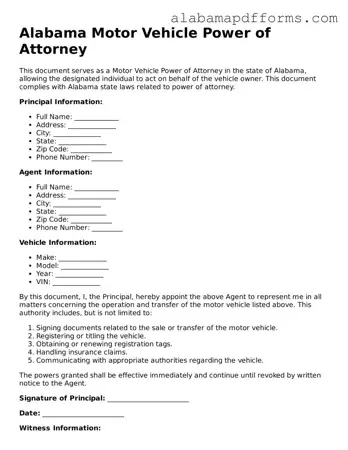 Legal Motor Vehicle Power of Attorney Document for the State of Alabama