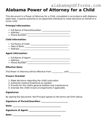Legal Power of Attorney for a Child Document for the State of Alabama